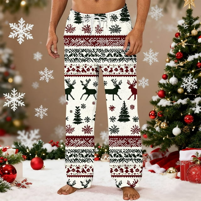 Pantalones de pijama largos para hombre, para dormir en casa, con estampado navideño, tubo recto, cintura elástica, bolsillos, informales, para hombre