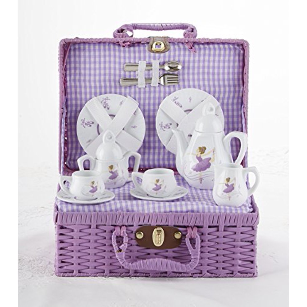 Delton Porcelain Tea Set in Basket, Purple Dancer