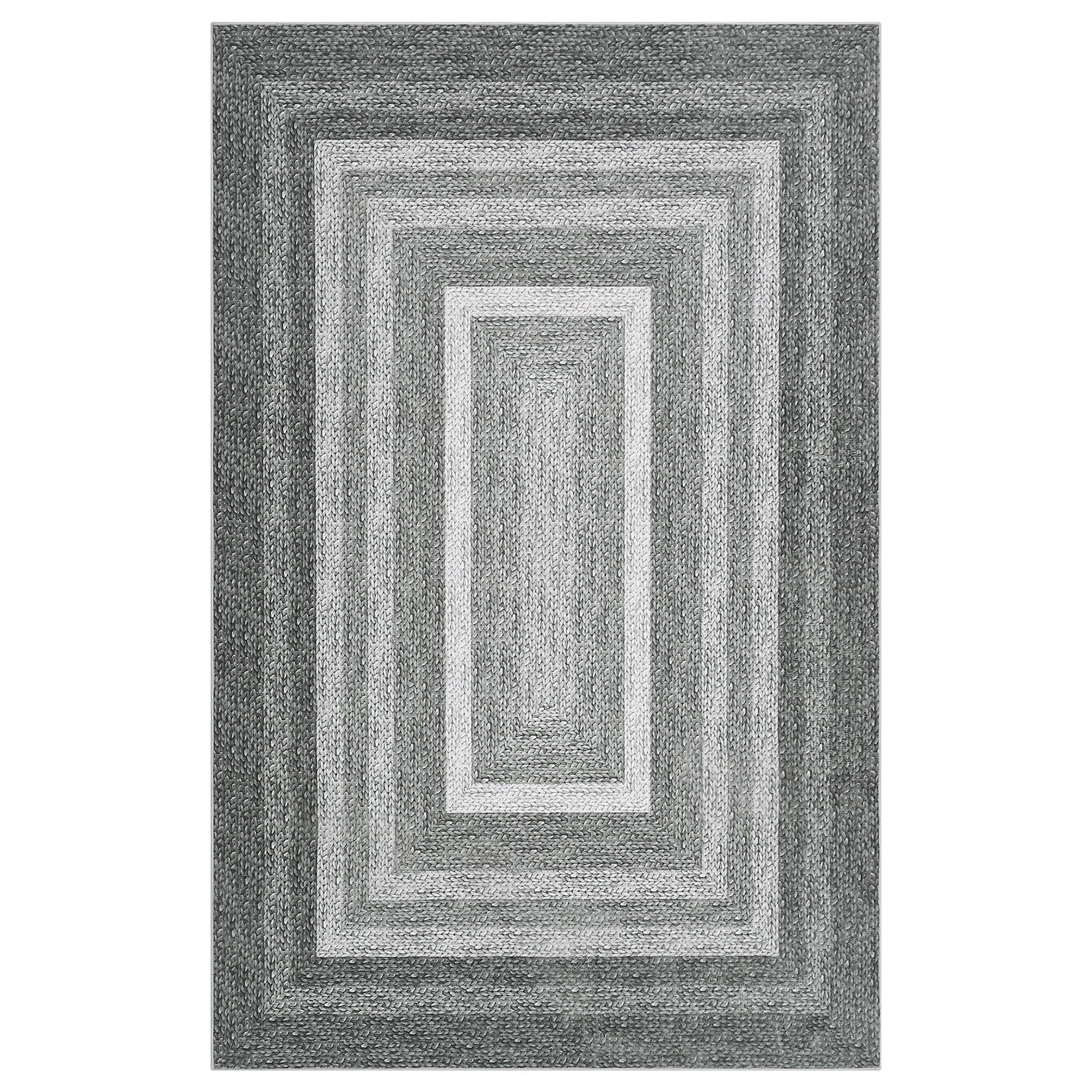 HOMERRY Washable Throw Rug for Living Room 6' x 9' Braided Print Modern Bordered Soft Non-Slip Indoor Carpet, Gray