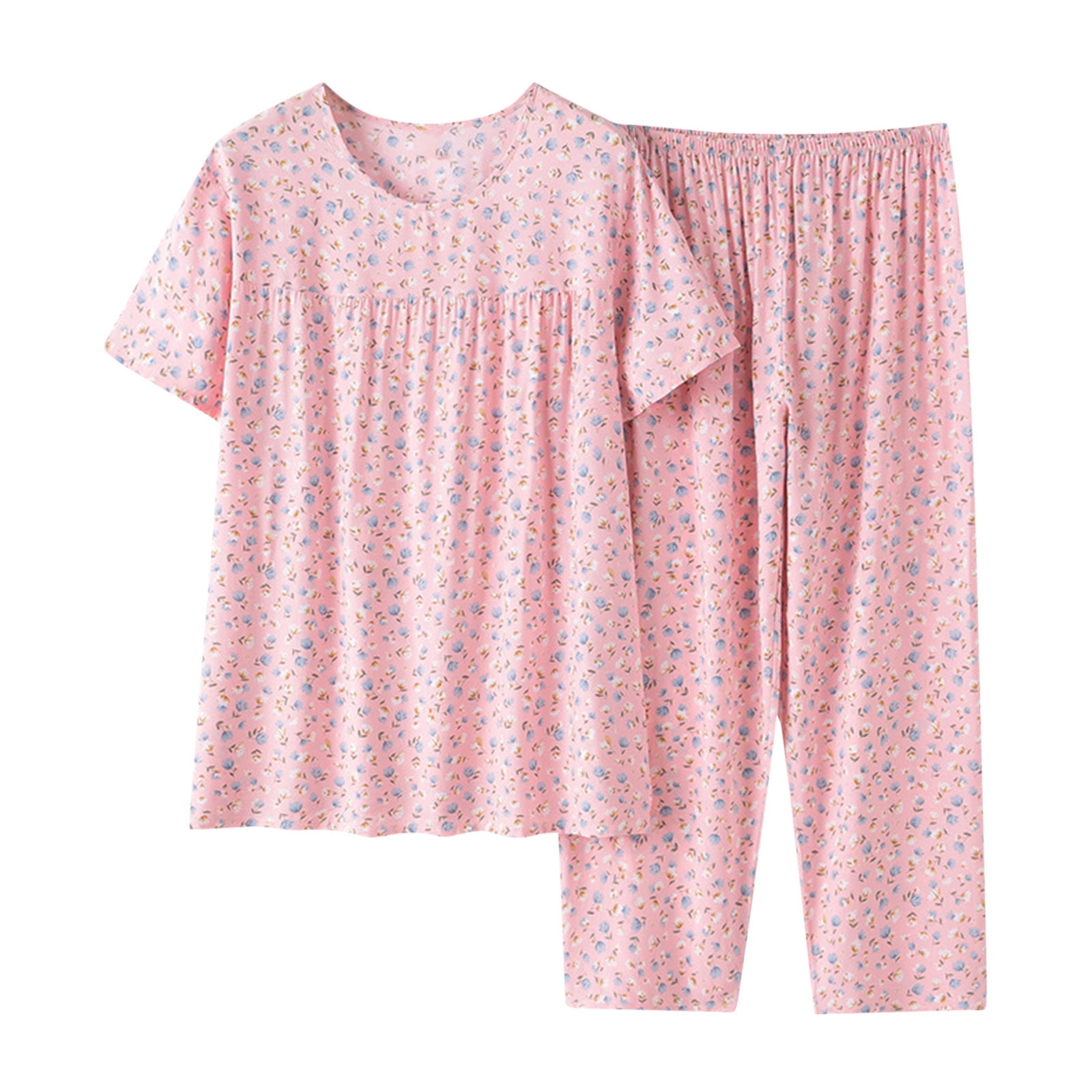 Womens Capri Pants Sets Floral Blouse Cotton Linen Plus Size Two Piece