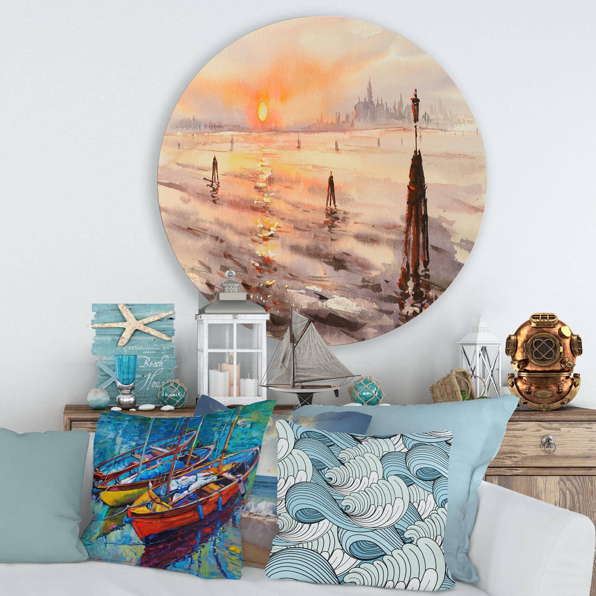 Designart 'Panorama of Venice Laguna Beach At Sunset' Nautical & Coastal Circle Metal Wall Art 36x36 - Disc of 36