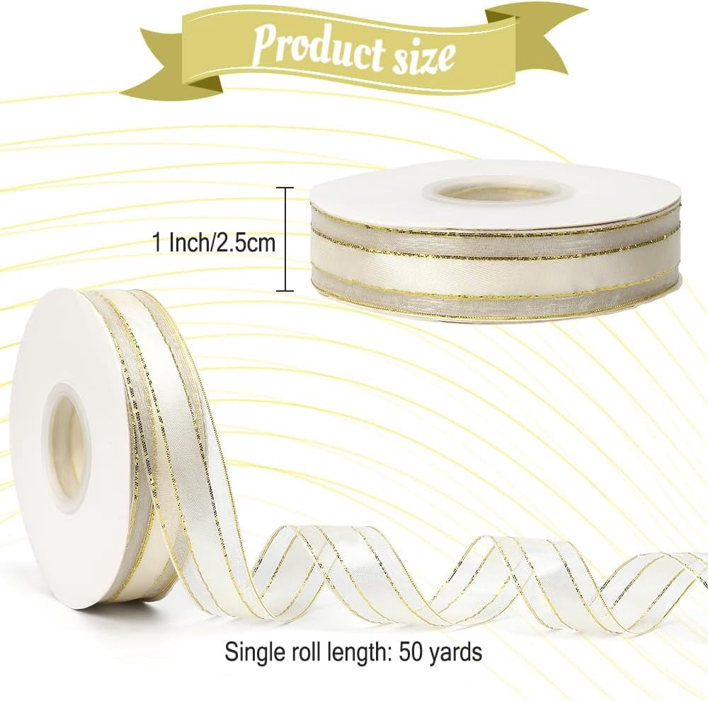 White Organza Ribbon 50 Yards 1 Inch Gold Edge Sheer for Gift Wrapping DIY Craft Christmas Tree Wedding Party Decoration Flower Bouquet Hair Bow Making Ribbons