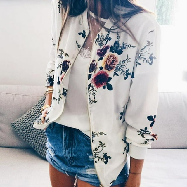 Veste Décontractée pour Femmes Dames à Col Rond Rétro à Fleurs à Fermeture Éclair Manteau Décontracté Vêtement d'Extérieur