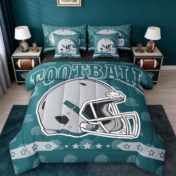 jejeloiu Rugby Game Lover 7-Piece Twin Bedding Sets,Gray Sport Helmet Bedding Comforter Set For Football Gamer Reversible