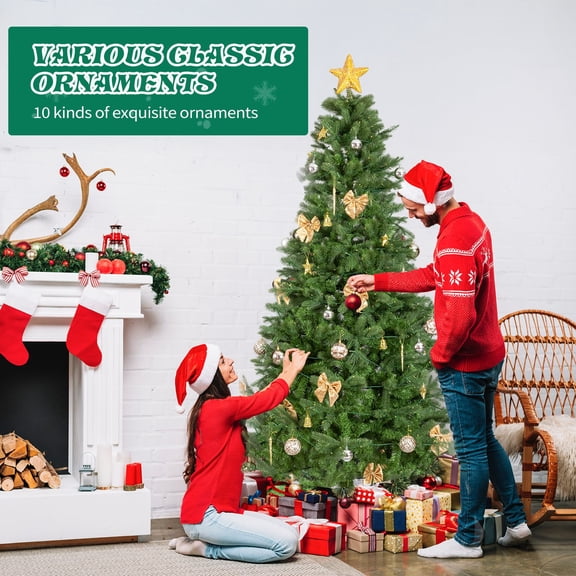 7.5 FT Artificial Christmas Tree with DIY 400 Warm White LED Lights, Hinged Xmas Pine Tree with Tree Skirt and Holiday Ornaments for Holiday Party Office Home, Green Tree & Golden Decor