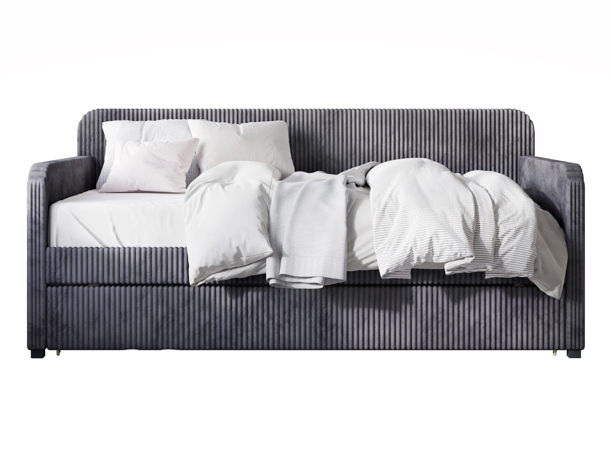Home Design Melissa Twin Daybed with Upholstered Frame and Pull-Out Trundle, Vertical Tufting, Stylish Sleeping and Seating Solution, Gray