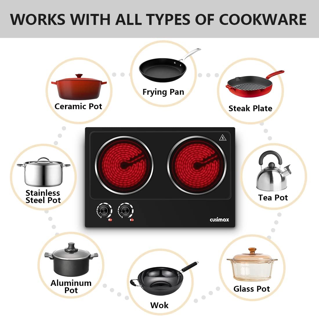 CUSIMAX 1800W Ceramic Electric Double Burner, Dual Control Infrared Cooktop, Portable, Glass Plate, Stainless Steel, Black.
