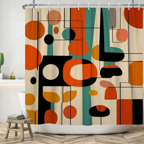 Lfeey Geometric Round Modern Shower Curtain, Mid Century Abstract Boho Bathroom Curtain with Hooks, 72x72 inches