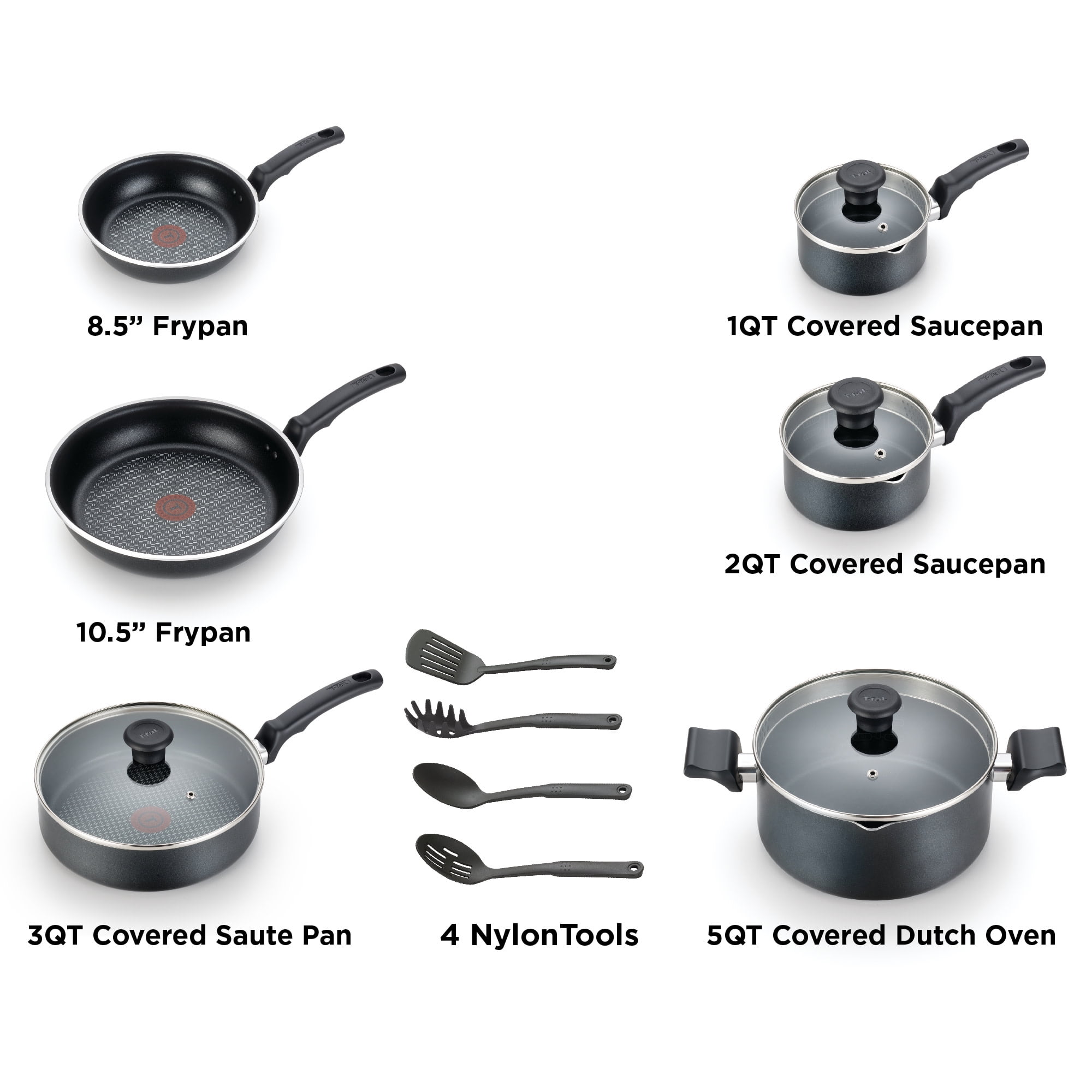 T-fal Cook & Strain Nonstick Cookware Set, 14 piece Set, Black, Dishwasher Safe - 1