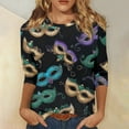 thumbnail image 2 of Mardi Gras Shirts Womens Glitter Crew Neck Holiday Blouse 3/4 Sleeve Mask Print Party Graphic Tee Dark Blue 3XL, 2 of 7