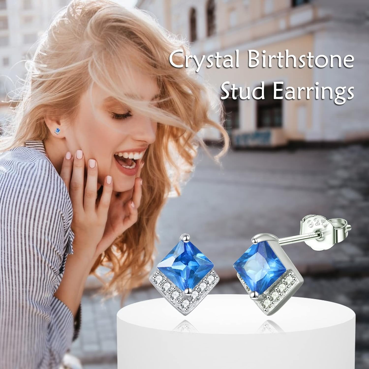 Birthstone Stud Earrings Sterling Silver Square Created Blue Topaz Crystal December Earrings Cubic Zirconia Piercing Jewelry Small Gifts for Women Mothers