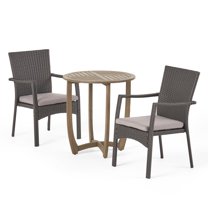 GDF Studio Heminger Outdoor Acacia Wood and Wicker 3 Piece Bistro Set with Cushions, Gray
