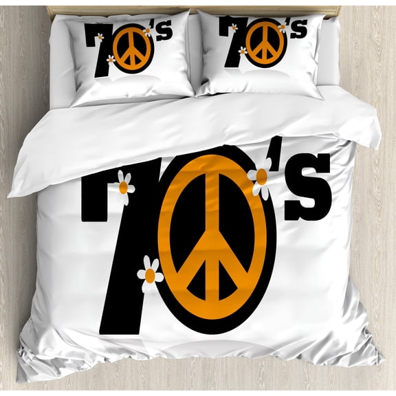 Ambesonne Hippie Duvet Cover Set, 70's Peace Daisies, Queen, Black Marigold White