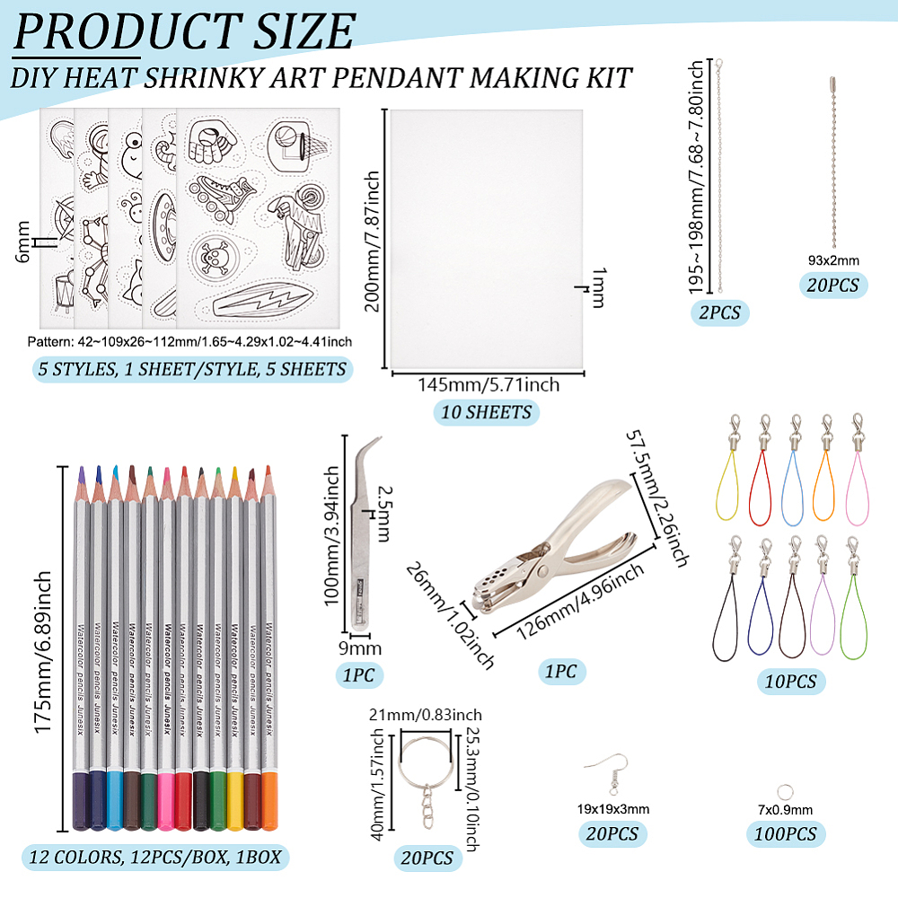 1 Set DIY Heat Shrinky Art Pendant Keychain Earrings Making Kit Including Heat Shrink Sheets Plier & Tweezers Iron Keychains & Ball Chain &