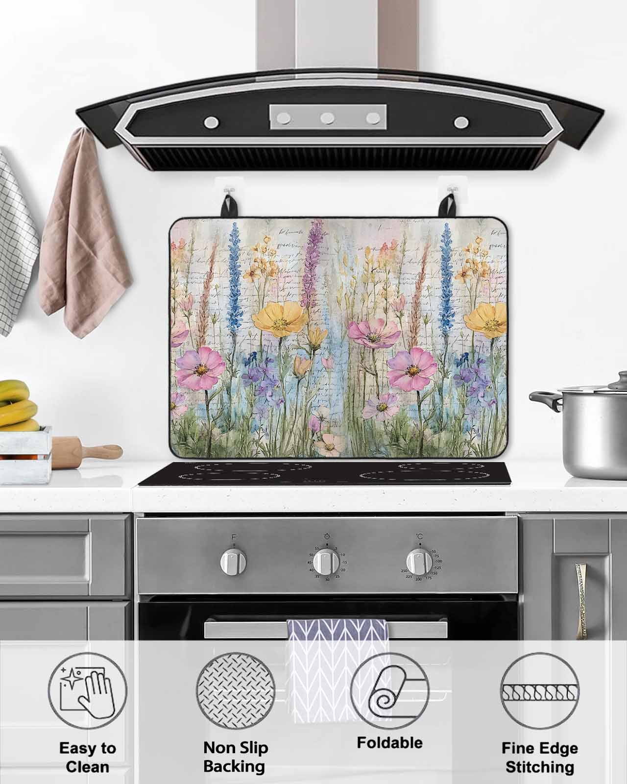 nqOlkjepod Large Induction Cooktop Protector Mat 36"x21", Spring Floral Stove Top Covers for Electric Stove, Watercolor Summer Botanical Farmhouse Flowers Stove Burner Cover Mats Stove Cover