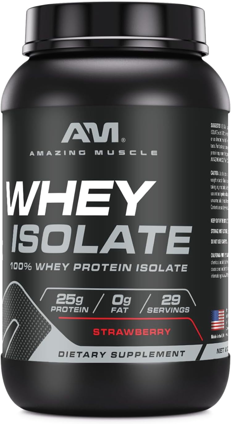 Amazing Muscle Whey Protein Isolate Powder 2Lbs Strawberry Flavor | 25 Grams Protein Per Serving | 29 Servings Supplement | 100% Whey Isolate | Made in USA