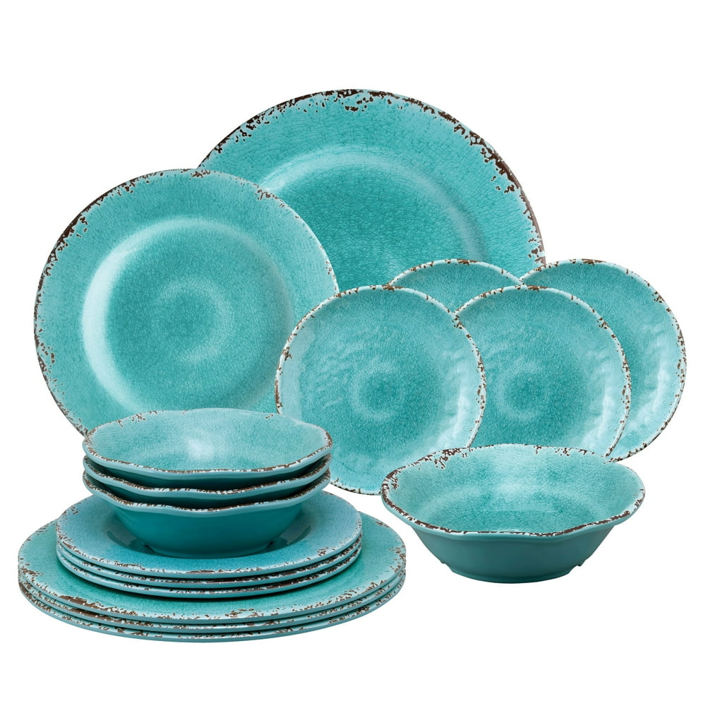 Gourmet Art 16Piece Crackle Melamine Dinnerware Set, Turquoise