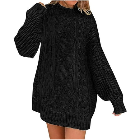 Aboser Women 2024 Fall Sweater Dress Solid Mock Neck Mini Dress Fall Long Sleeve Knitwear Chunky Cable Knit Pullover Short Sweaters Dresses