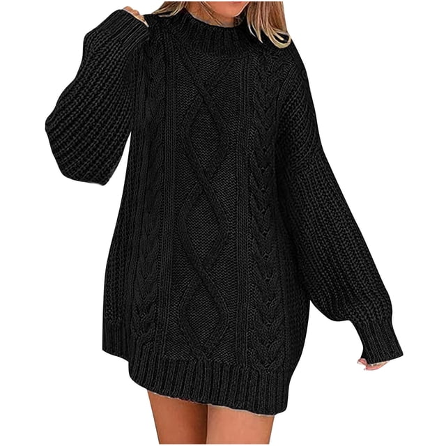 Suéter de cuello redondo para mujer, jersey de gran tamaño con cuello redondo, jersey de otoño de punto trenzado, manga larga, suéteres cortos gruesos, vestidos, suéter para mujer