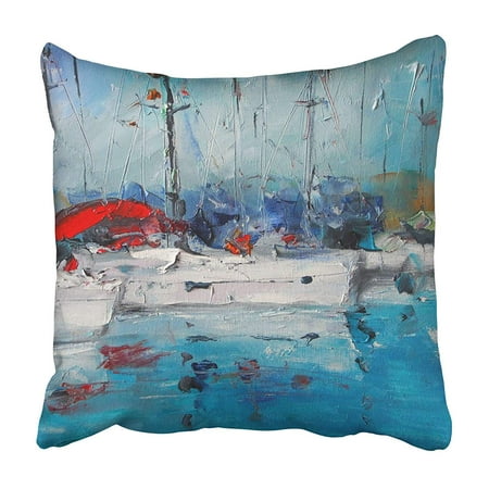 Colorful Sailboat Paintings CMFUN Blue Beach Oil Painting Sailboats in Italy Colorful Marina Modern Nature Sea Water Pillowcase 20x20 inch ()