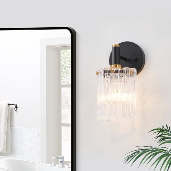 KAWOTI 11"H 1-Light Black and Brushed Gold Vanity Light with Textured Glass Shade