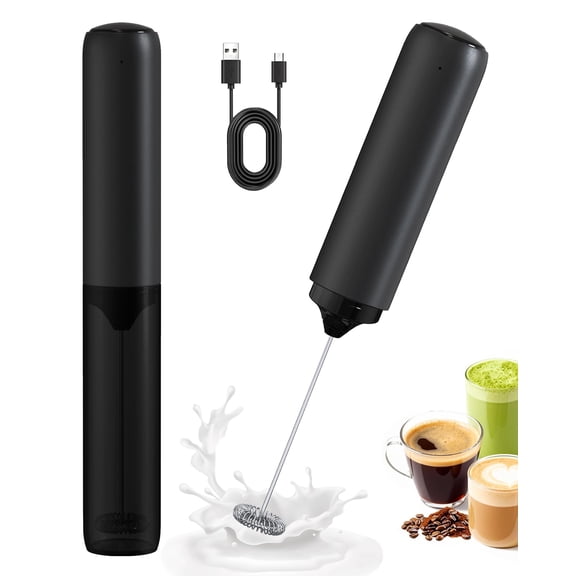 Rechargeable Milk Frother with Cover, Easy to Carry Drink Mixer Handheld, Electric Frother Wand for Coffee, Matcha, Latte, Cappuccino, Hot Chocolate, Kitchen Gifts, Black