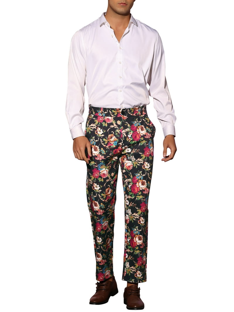 Lars Amadeus Men's Floral Printed Slacks, Flat Front Dress Pants