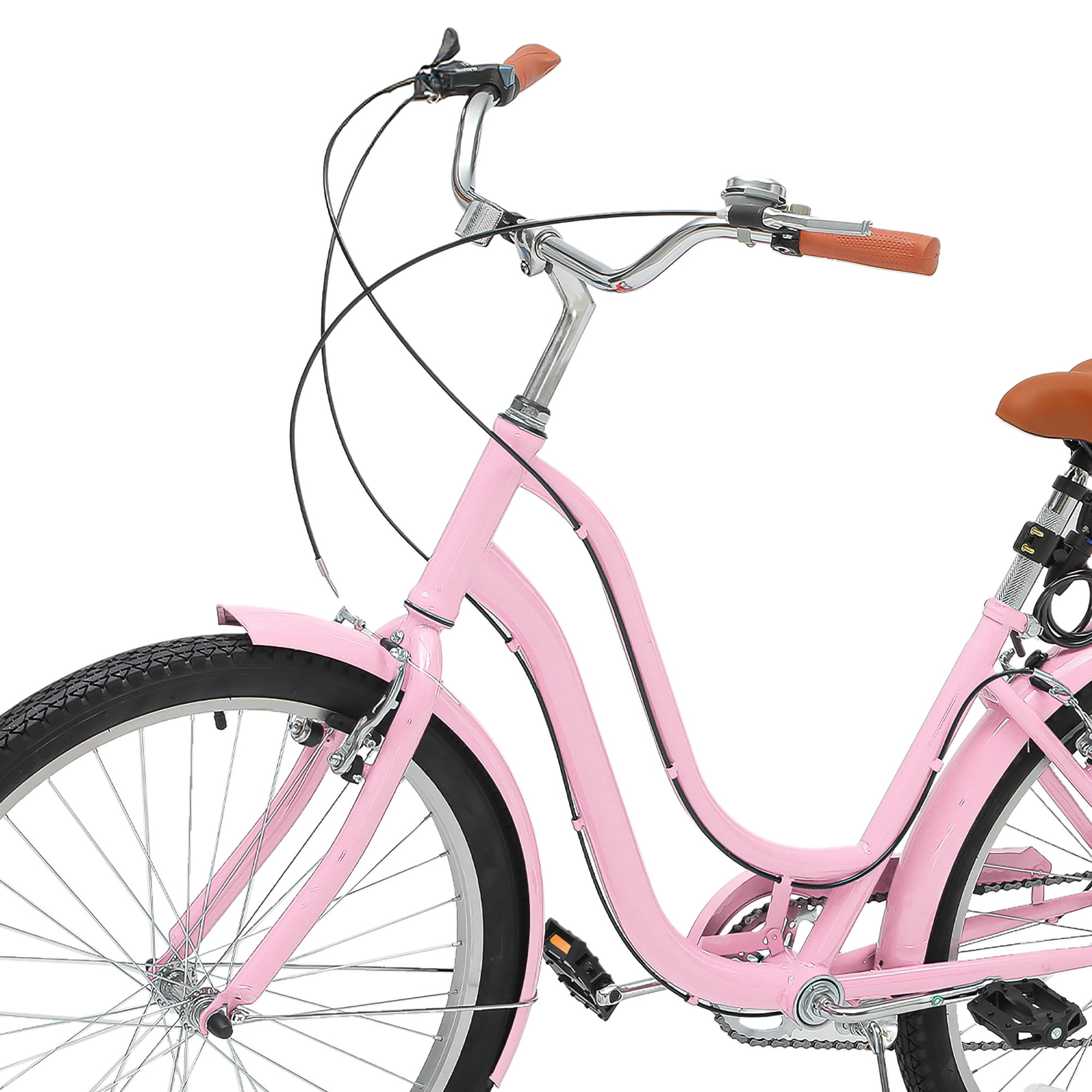 Uforic24'' Beach Cruiser Bike, 7-Speed, Step-Through Bicycle for Men & Women, Steel Frame, Pink