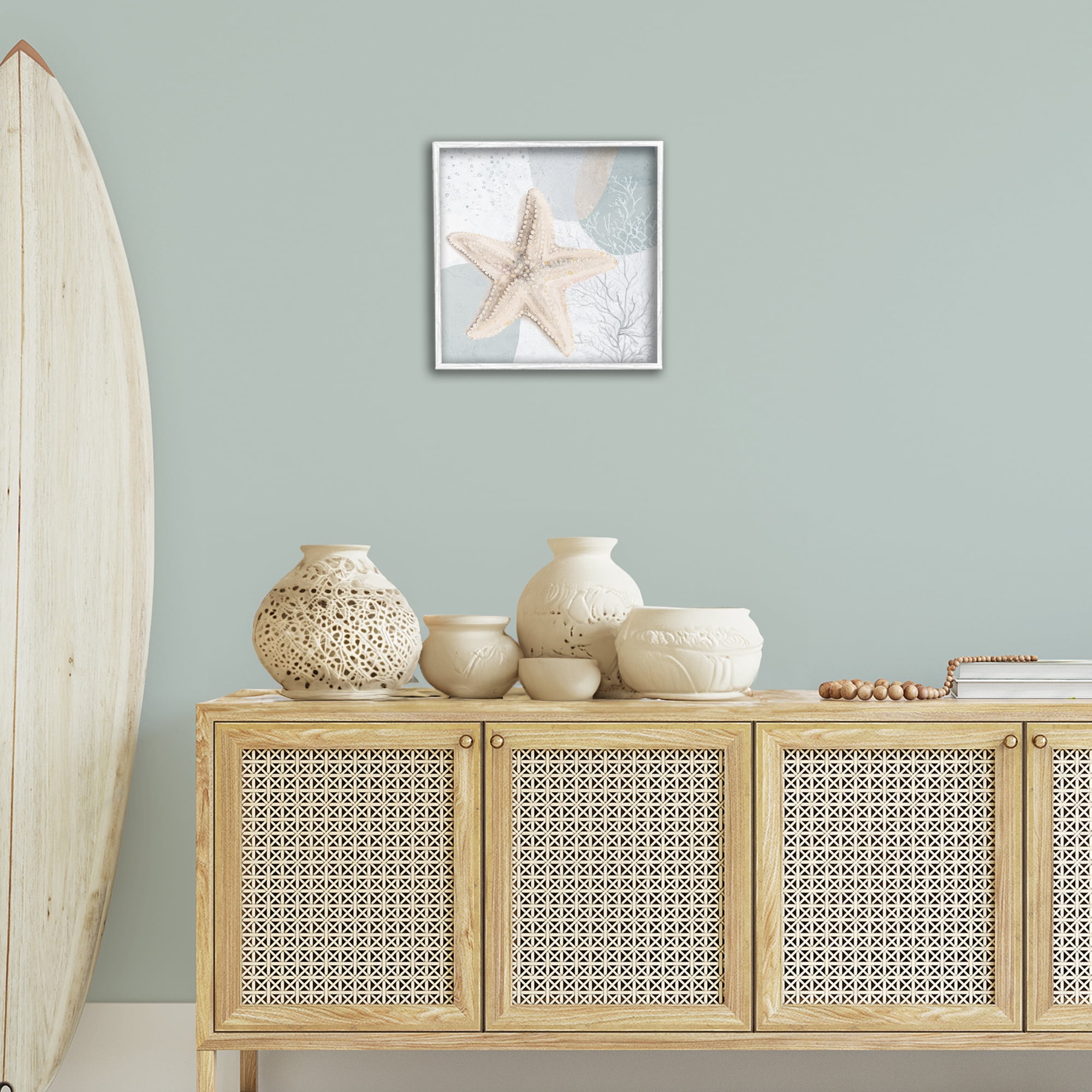 Stupell Industries Starfish over Circle Pattern Coastal Painting White Framed Art Print Wall Art, 17 x 17