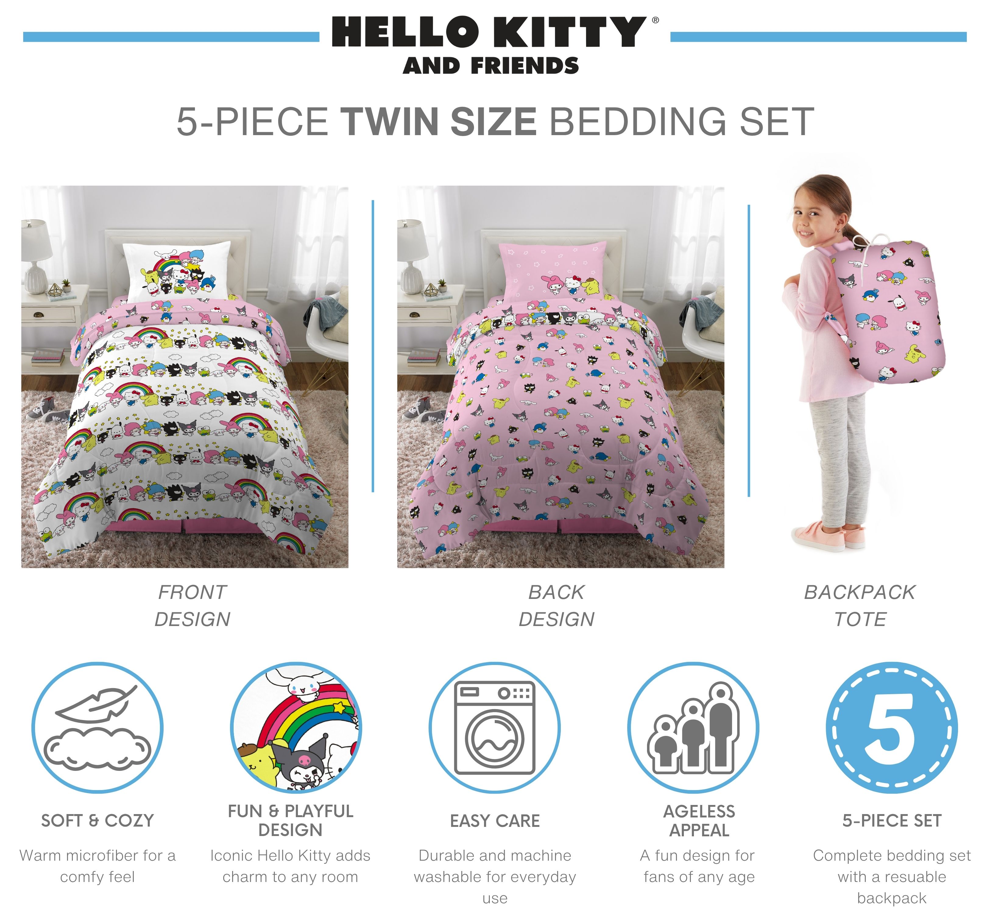 Hello Kitty and Friends Kids 5 Piece Reversible Comforter, Bed in a Bag, Twin