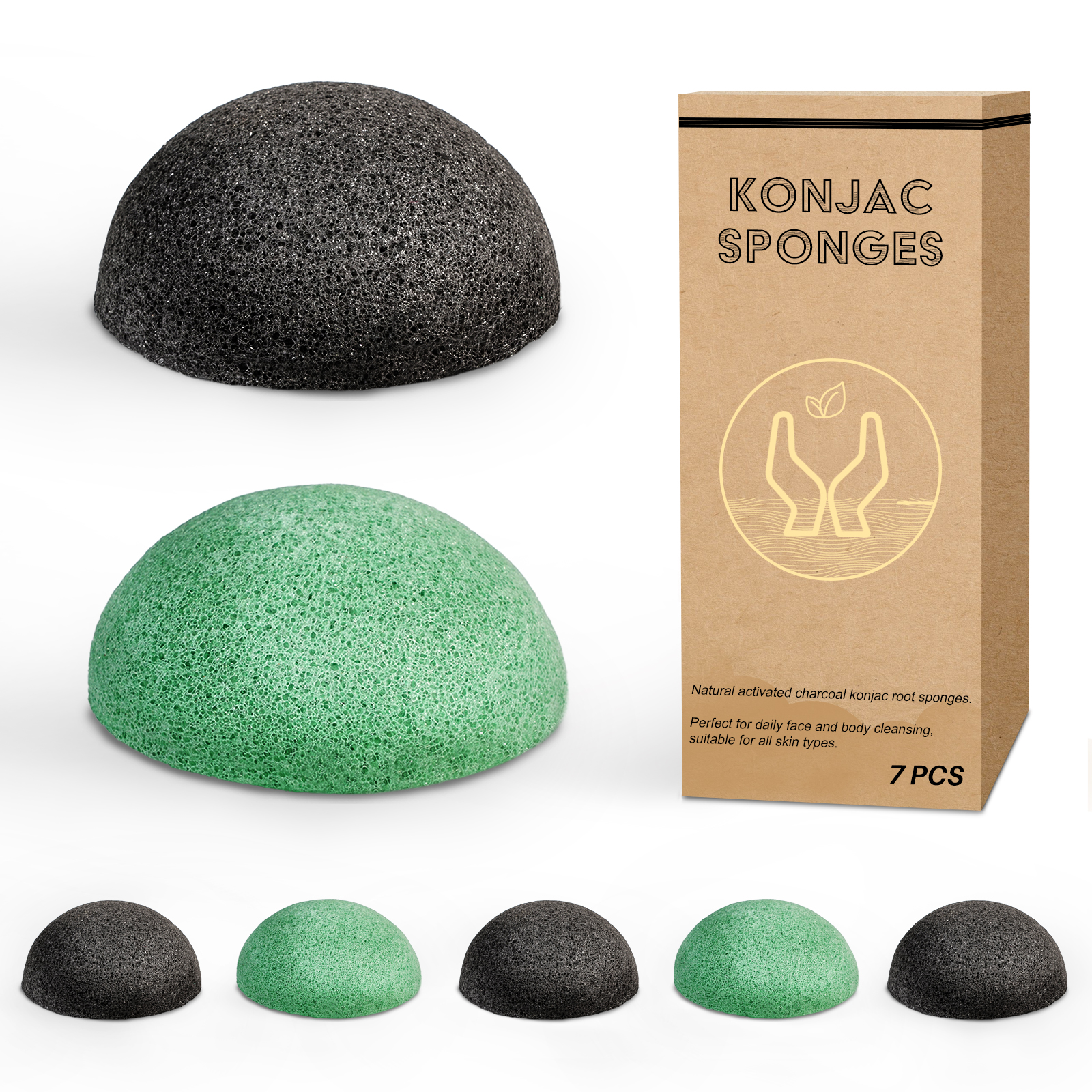 Konjac Facial Sponge Set of 7, Activated Charcoal Facial Sponge for