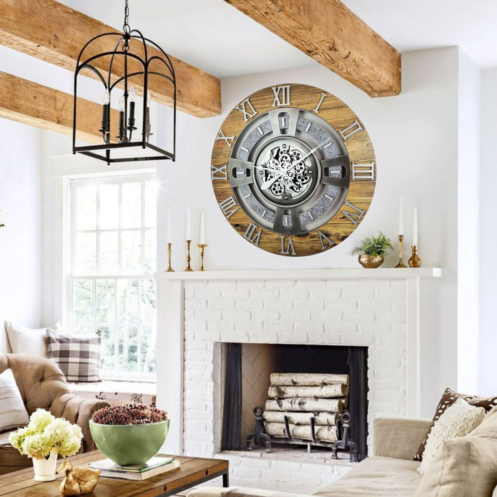 THE GEARS CLOCK Wall Clock with Real Moving Gears EN-LI_ 24 in Round Wood-Stone