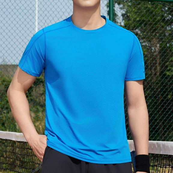 Elvqul Mens Workout T-Shirts Blue T Shirts Sports Short Sleeve Elastic Everyday Pullover Casual Shirts for Men Solid Color