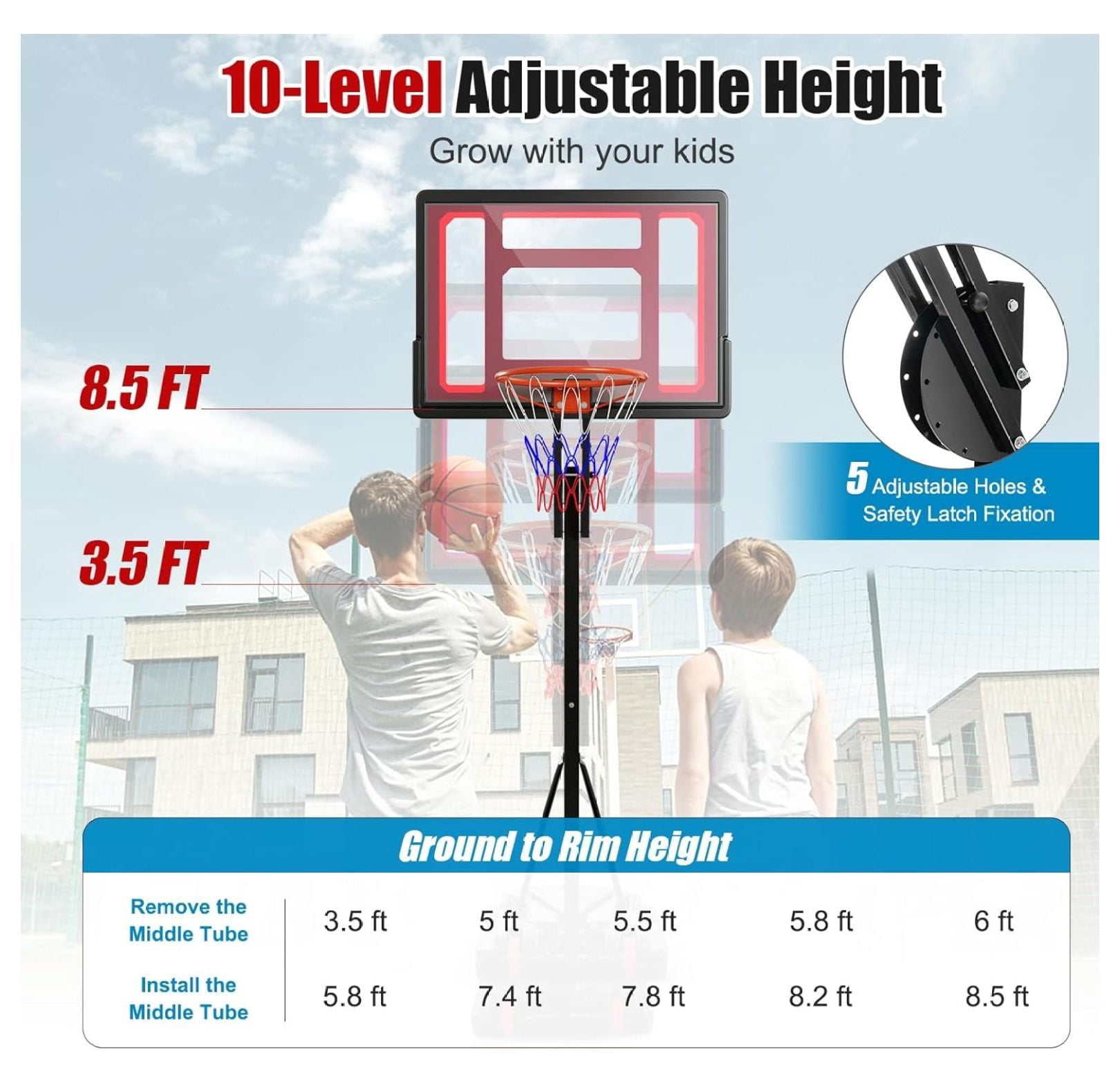 Portable Basketball Hoop, 5 FT to 10 FT Adjustable Basketball Goal with 10 Heights, All Weather Basketball Stand System with Weight Bag & Wheels, for Youth Adult, Indoor Outdoor Pool, Court