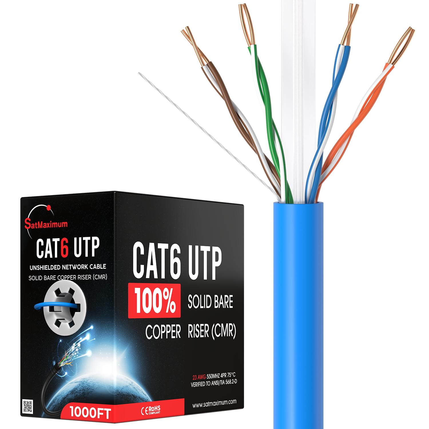 Cables Direct Online 500FT Cat6 Solid Bare Copper 23AWG Bulk Ethernet Cable, CMR ETL Riser, 550MHz POE (Power Over Ethernet) Wire – Blue