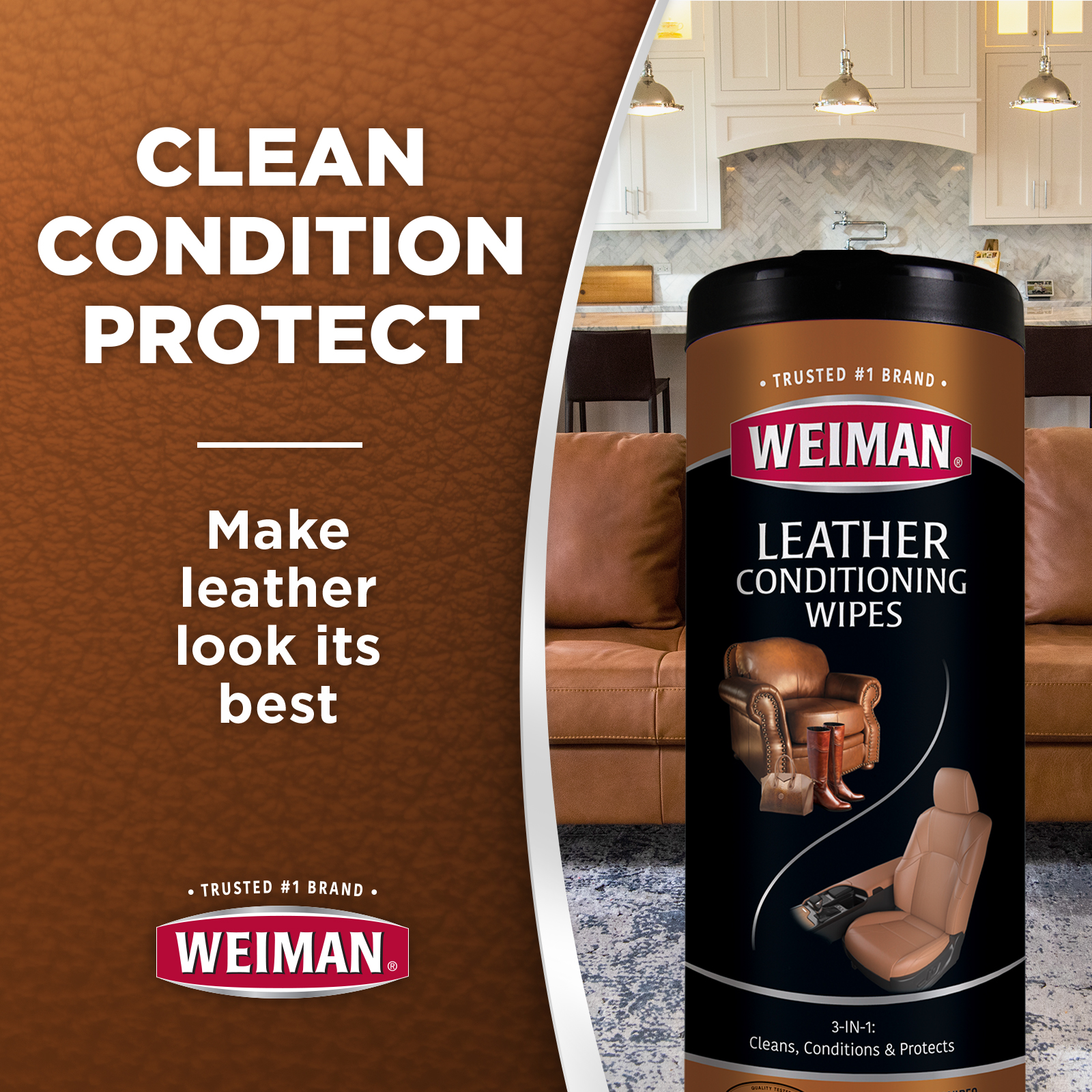 Weiman 3-1 Leather Cleaner, Conditioner & Protector Wipes, 30 Count - image 3 of 10