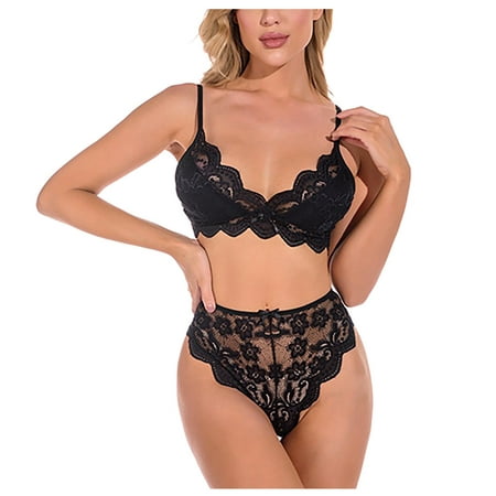 

QWERTYU Women s 2 Piece Teddy Lace High Waisted Bra and Panty Sets Lingerie Set Black 2XL