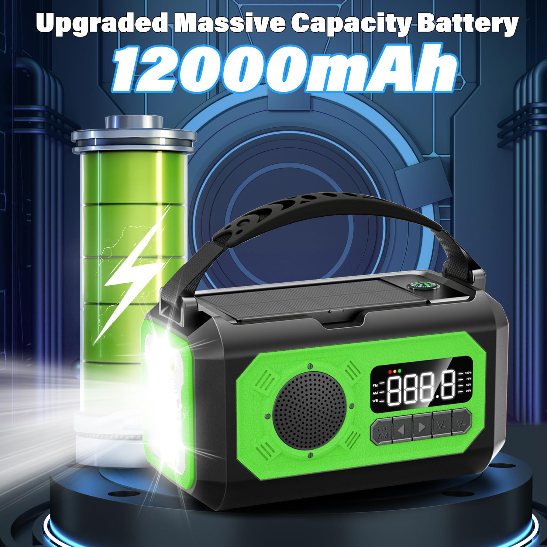 JOUALY 12000mAh Emergency Radio, AM/FM/NOAA Weather Radio,Portable Hand Crank Radio,Multi-Function Solar Radio,2 Solar Panels,USB Type-C Charging,Torch & LED Reading Lamp,SOS Alarm,Compass