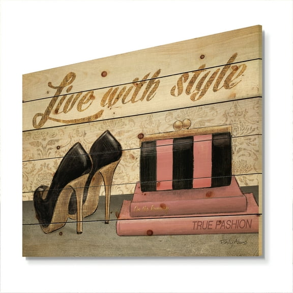 Designart 'Gold Fabulous Fashion Life Style II' Fashion Print on Natural Pine Wood