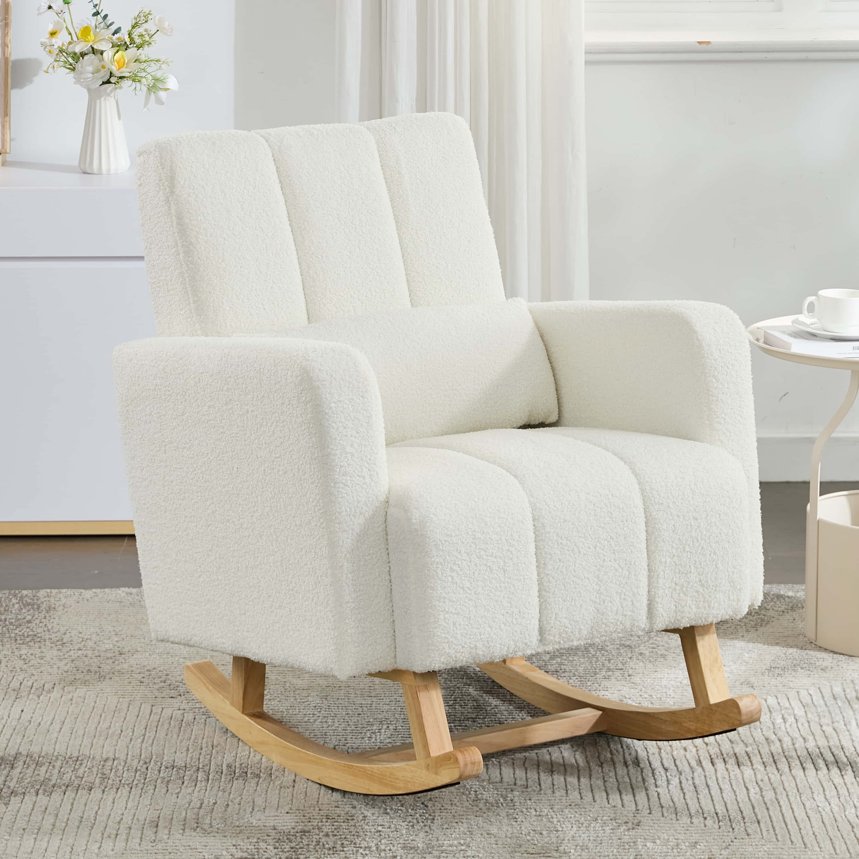 Miniyam Accent Rocking Chair with Pillow, Teddy Velvet,Cream White