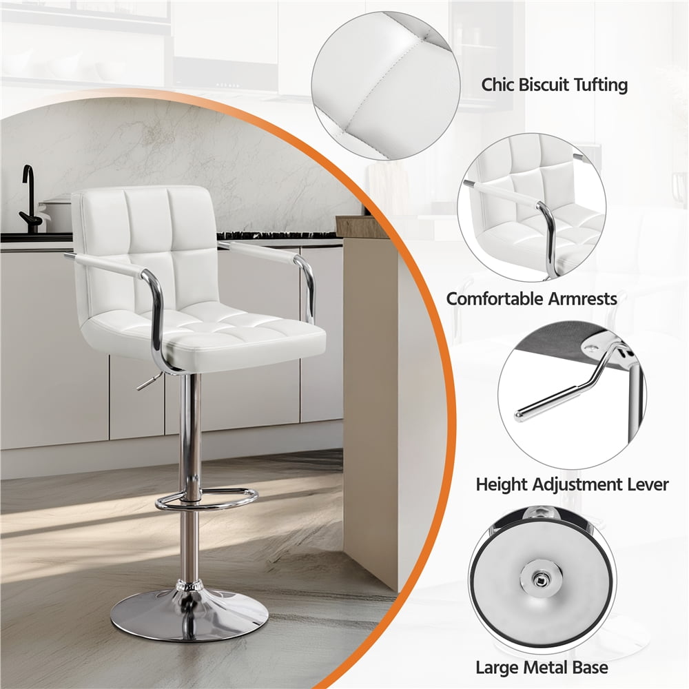 Yaheetech PU Leather Swivel Bar Stool with Tufted Backrest and Padded Armrests, White