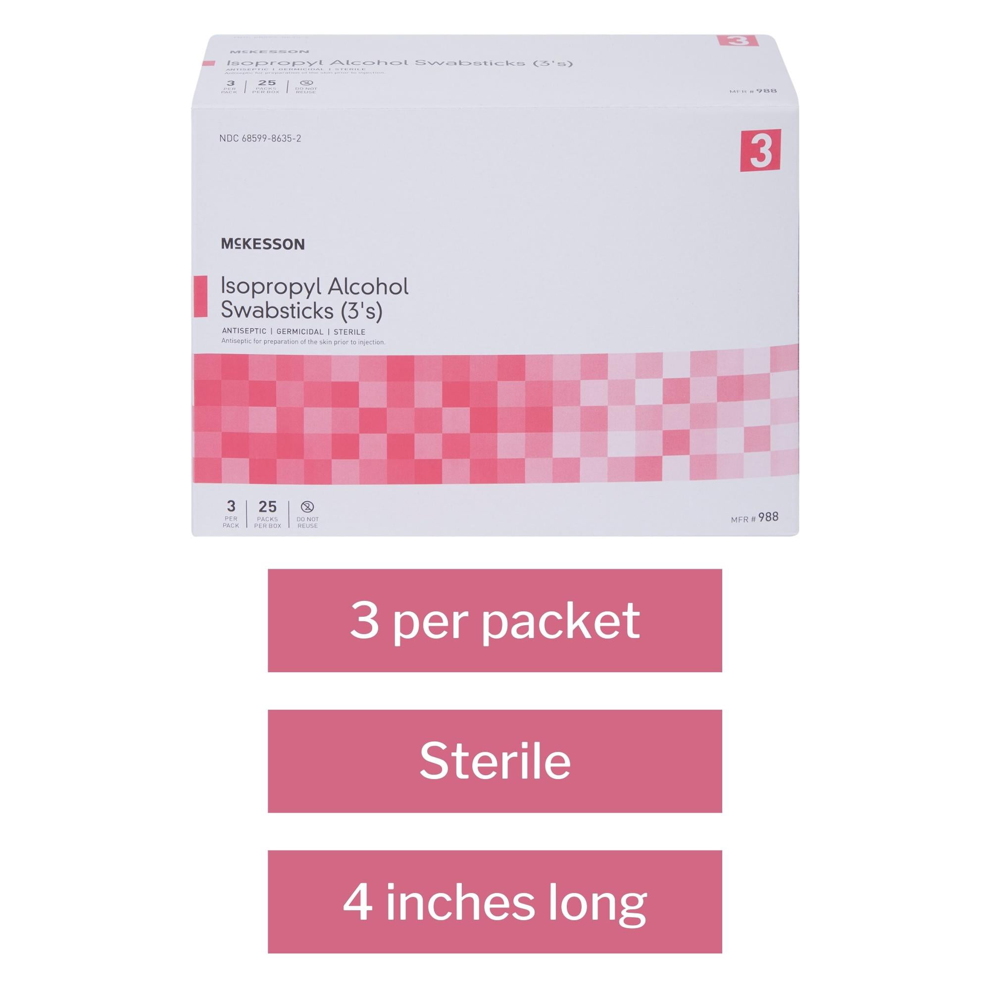 McKesson Isopropyl Alcohol Swabsticks, Sterile, Individual Packet, 3 Sticks, 250 Packs, 750 Total