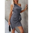 thumbnail image 3 of MLANM Women's Summer One Shoulder Ruched Bodycon Dress Sleeveless Split Cocktail Party Dresses, XL Grey Blue, 3 of 7