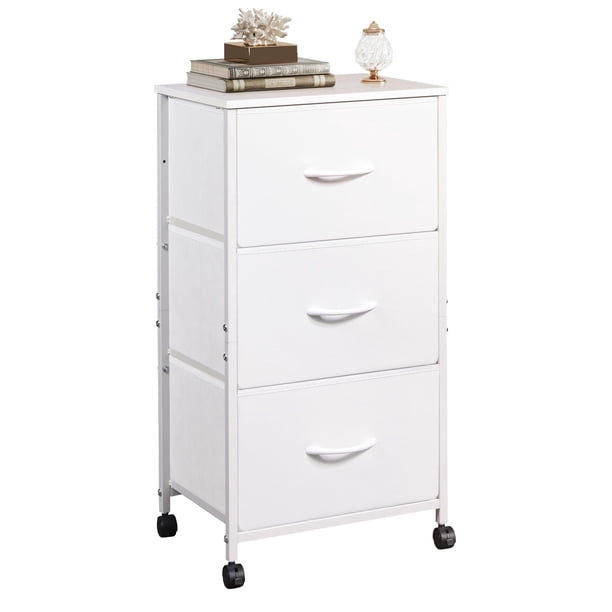 Mesita de noche de tela Dresser WLIVE con 3 cajones y ruedas, color blanco