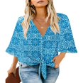 thumbnail image 1 of CHOK Women‘s Button Down V Neck Tops Ruffled 3/4 Sleeve Tie Knot Front Blouses White Sizes S-2XL, 1 of 3