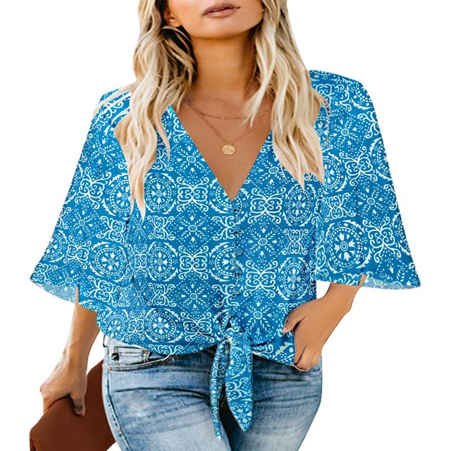 CHOK Women‘s Button Down V Neck Tops Ruffled 3/4 Sleeve Tie Knot Front Blouses White Sizes S-2XL