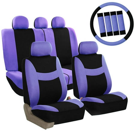 Bench Seat Full Set Upholstery - FH Group Light & Breezy Purple and Black Auto Accessories Set, with Steering Wheel Cover and Seat Belt Pads, Airbag Compatible and Split Bench Full Set Seat Covers