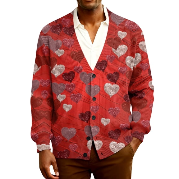 Fgvctg Valentine's Day Men's Sweaters Casual Long Sleeve Cardigans Ribbed Knit Romantic Oversized Coats Love Heart Print Sweater Button Down Sweaters Sweet Clothes Red 5XL