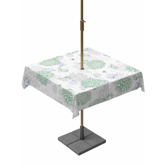 Outdoor Tablecloth with Umbrella Hole for Patio/Picnic/Party/Camping, Green Gray Coastal Waterproof Table Cloth Square Cover Washable, Summer Beach Ocean Coral Conch Shell (54"x 54")