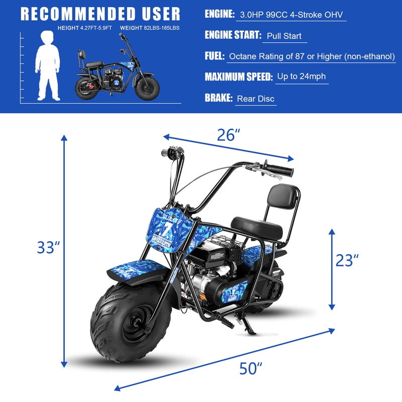 Oryxearth Max OGM99 Gas Powered Mini Dirt Bike,99CC 4 Stroke Off Road Bike for Teens and Adults,up to 18 MPH, Blue